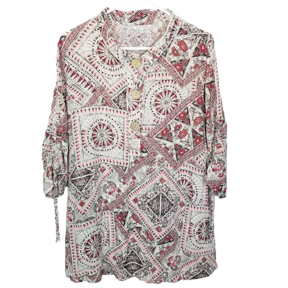 John Mark Womens Linen Tunic Top Sz XL Floral Wire Collar Artsy Whimsical Resort